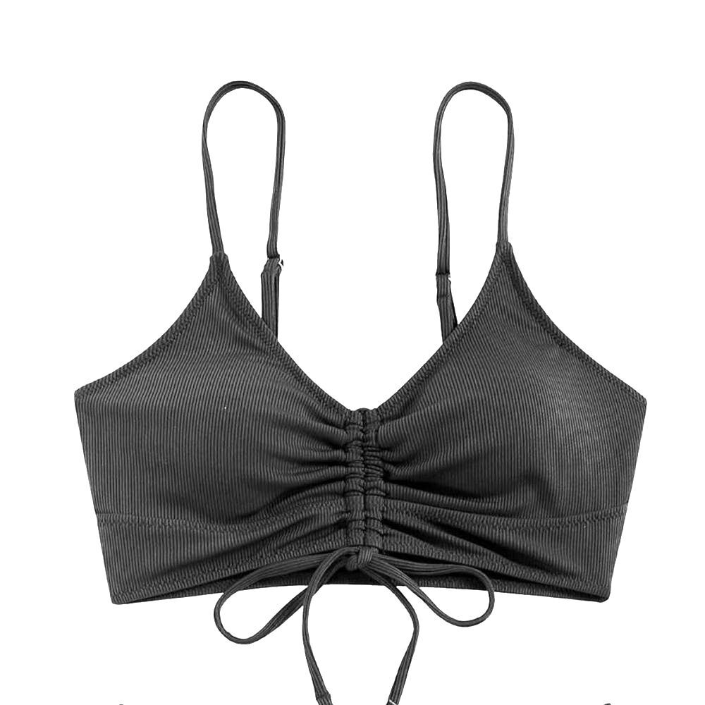 Zaful V Neck Bikini Top Ruched Tie Front Black Size L NWT